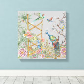 灰色エレガント熱帯孔雀アジアフローラかわいらし キャンバスプリント (インサイチュ (ウッドフロア))