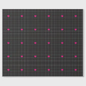 灰色クラシックと黒の格子模様ピンクハート ラッピングペーパー (フラット)