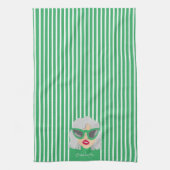 灰色クール毛女性グリーン名前をカスタムする キッチンタオル (縦)