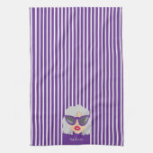 灰色クール毛女性パープル名前をカスタムする キッチンタオル (縦)