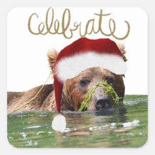 灰色グマが付いているクリスマスのステッカー スクエアシール