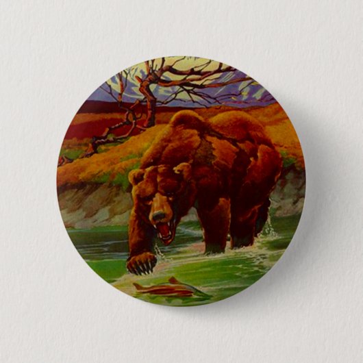 灰色グマの魚釣りの野性生物はギフトのギフトに耐えます 缶バッジ (正面)