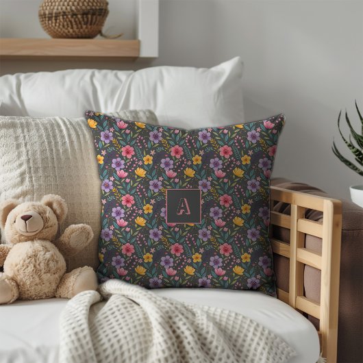 灰色シンプル野草模様モノグラム クッション