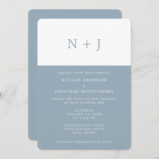 灰色シンプル青エレガントクラシックミニマル結婚 招待状 (正面/裏面)