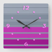 灰色ストライプの紫ファッション スクエア壁時計 (正面)