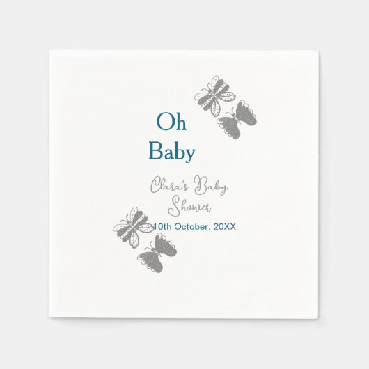 灰色バタフライブルーベビーシャワーオベビーモダン内線 スタンダードカクテルナプキン (正面)