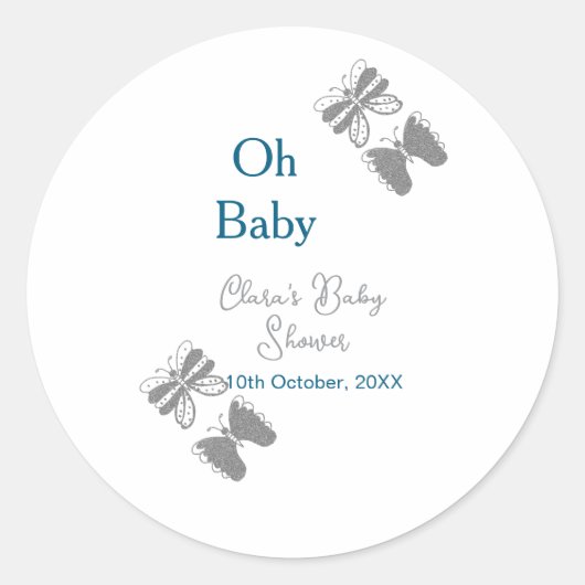 灰色バタフライブルーベビーシャワーオベビーモダン内線 ラウンドシール (正面)