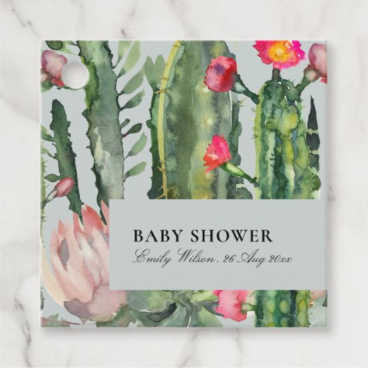 灰色ピンクのフローラ砂漠のサボテン葉ベビーシャワー フェイバータグ (正面)