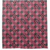 灰色ピンクの市松模様に花付き幾何学模様 シャワーカーテン (正面)