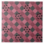 灰色ピンクの市松模様に花付き幾何学模様 タイル (正面)