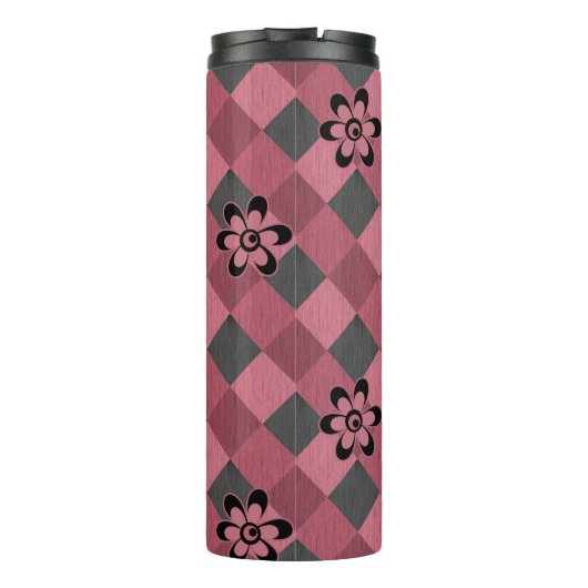 灰色ピンクの市松模様に花付き幾何学模様 タンブラー (裏面)