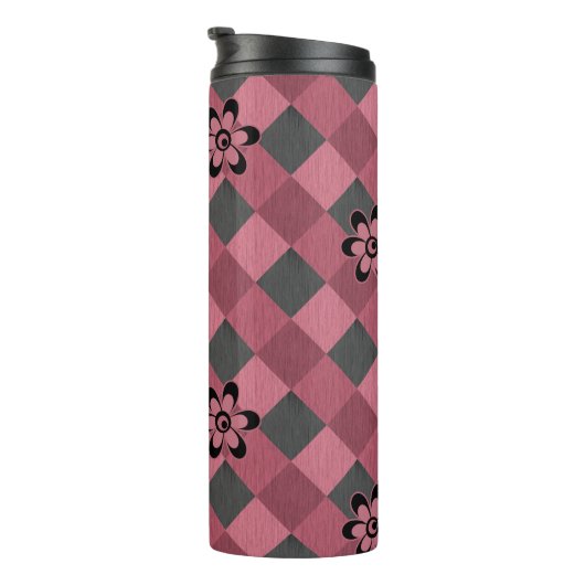 灰色ピンクの市松模様に花付き幾何学模様 タンブラー (回転右)