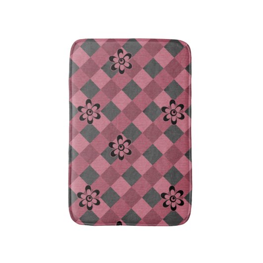 灰色ピンクの市松模様に花付き幾何学模様 バスマット (正面縦)