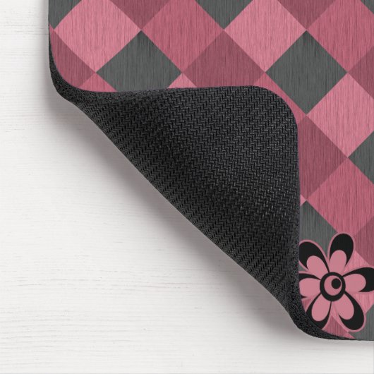 灰色ピンクの市松模様に花付き幾何学模様 マウスパッド (コーナー)