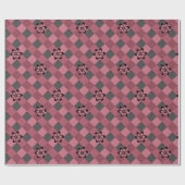 灰色ピンクの市松模様に花付き幾何学模様 ラッピングペーパー (フラット)