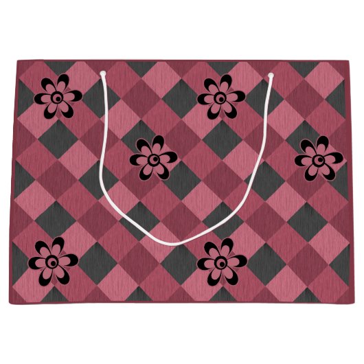 灰色ピンクの市松模様に花付き幾何学模様 ラージペーパーバッグ (正面)