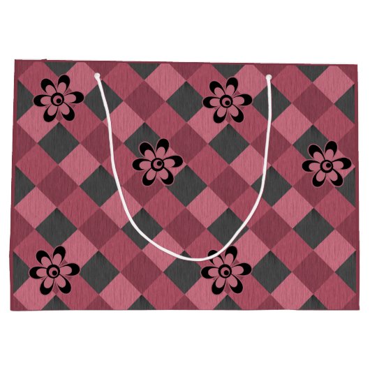 灰色ピンクの市松模様に花付き幾何学模様 ラージペーパーバッグ (裏面)