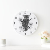 灰色フクロウ白い蘭の黒い数字 ラージ壁時計 (ホーム)