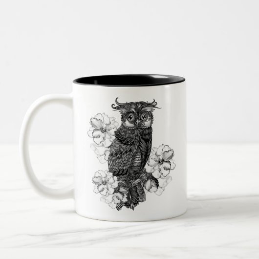 灰色フクロウ白い蘭 ツートーンマグカップ (左)