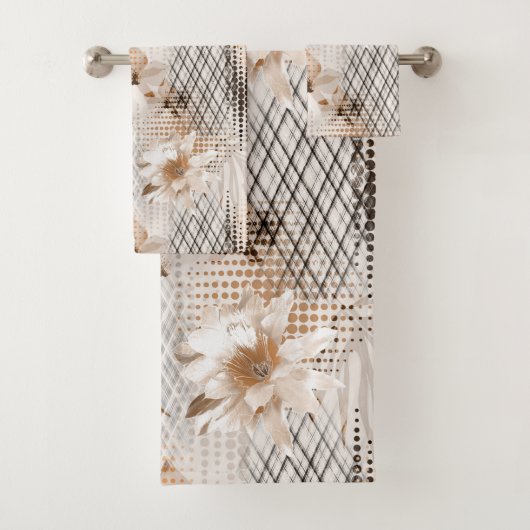 灰色ベージュのトロピカルパターン。 バスタオルセット (インサイチュ)