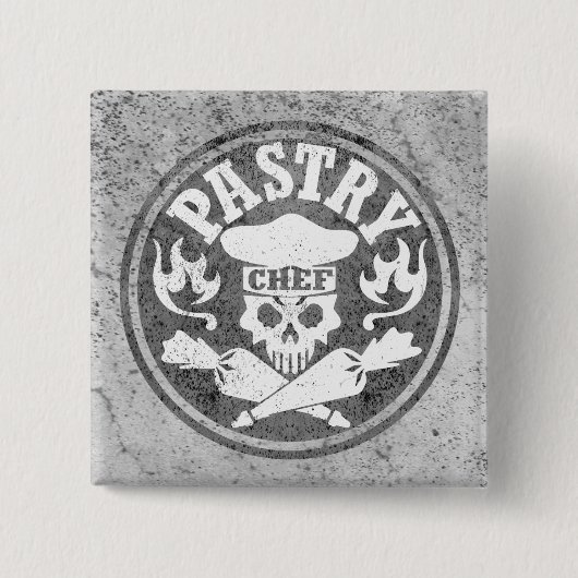 灰色ペーストリー作りの職人のスカルおよび交差させたペストリーのバッグ 缶バッジ (正面)