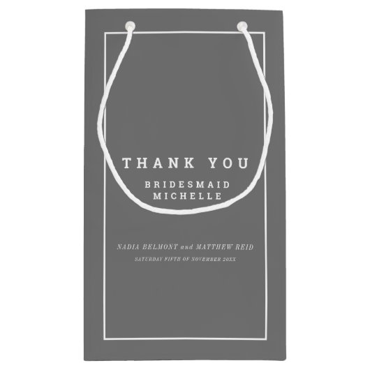 灰色ミニマル白結婚式の引き出物バッグ スモールペーパーバッグ (裏面)