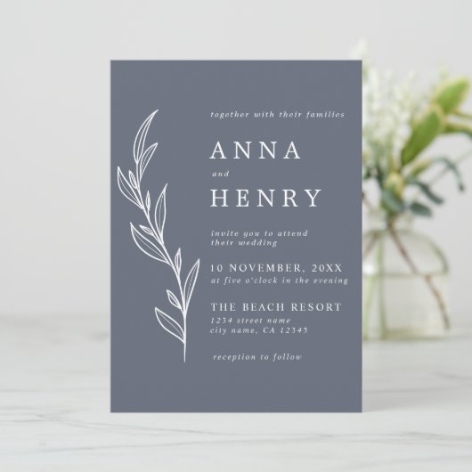 灰色モダンの白ユーカリの葉結婚の 招待状 (スタンド正面)