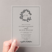 灰色モダンの葉のクレストモノグラム結婚の アクリル招待状 (インサイチュ (ポータブル))