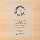 灰色モダンの葉のクレストモノグラム結婚の アクリル招待状 (正面)