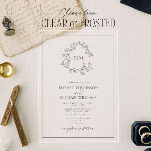 灰色モダンの葉のクレストモノグラム結婚の アクリル招待状