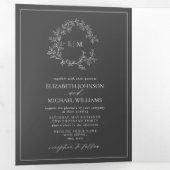 灰色モダンの葉のクレストモノグラム結婚の 三つ折り招待状 (内部最初)