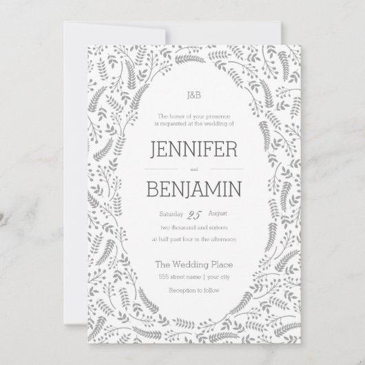 灰色モダンの葉結婚式招待状 招待状 (正面)