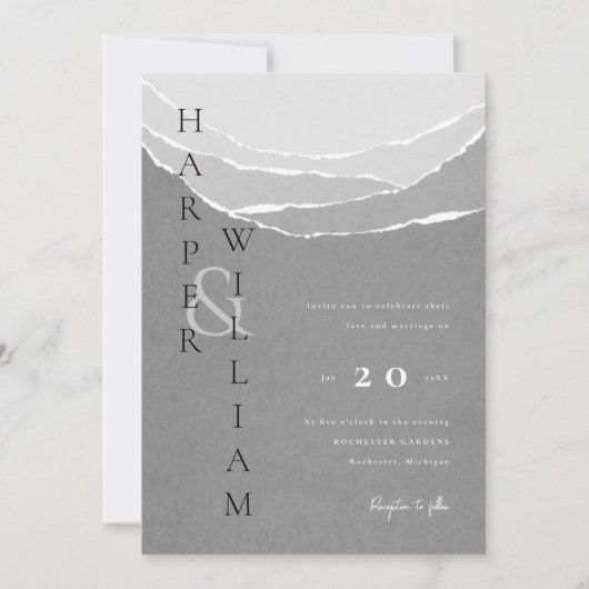 灰色モダンの裂けた紙の結婚山々の侵略 招待状 (正面)