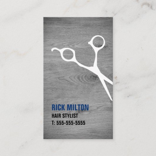 灰色モダンカッコいいの木製の白いシザーヘアスタイリスト 名刺 (正面)