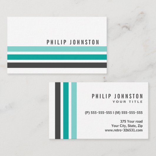 灰色モダンティール（緑がかった色）アクアブルーストライプ白 名刺 (正面/裏面)