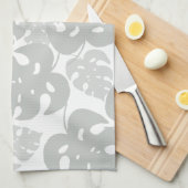 灰色モンステラ葉パターン キッチンタオル (四つ折り)