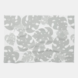 灰色モンステラ葉パターン キッチンタオル