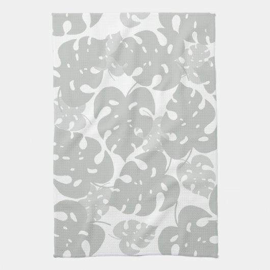 灰色モンステラ葉パターン キッチンタオル (縦)