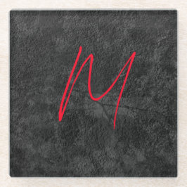 灰色ユニークの赤モノグラム名書道イニシャル ガラスコースター