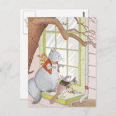 灰色リスと鳥の窓の中を見る ポストカード (正面/裏面)