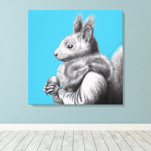 灰色リスの毛皮のスカーフを持つ赤いリス(青) キャンバスプリント (インサイチュ (ウッドフロア))