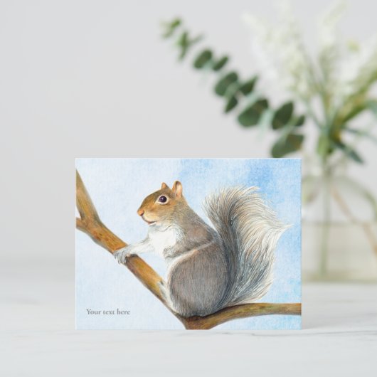 灰色リスの水色絵画のはがき ポストカード (スタンド正面)