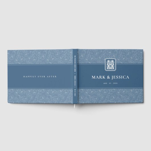 灰色中国のがかった青の二重の幸福結婚の ゲストブック (全面)