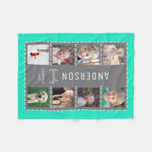 灰色及びティール(緑がかった色)の写真のコラージュの姓 フリースブランケット (正面(横))