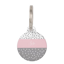 灰色及びピンクのエレガントで幾何学的な三角形及び点 ペット　ネームタグ