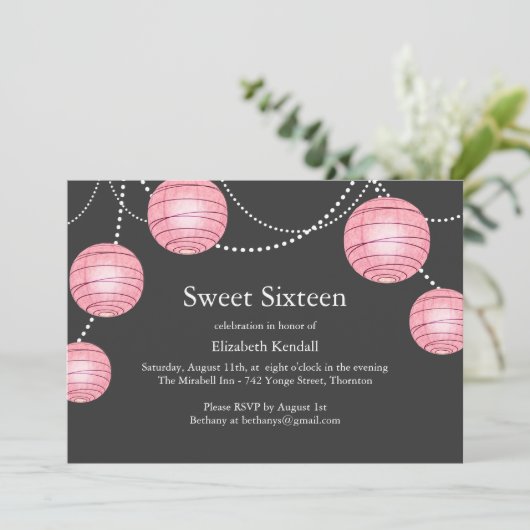 灰色及びピンクのパーティーのランタンの菓子16の招待状 招待状 (スタンド正面)