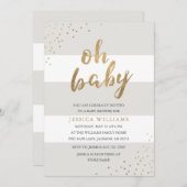 灰色及び金ゴールドのストライプな紙吹雪のOhベビーシャワーの招待 招待状 (正面/裏面)