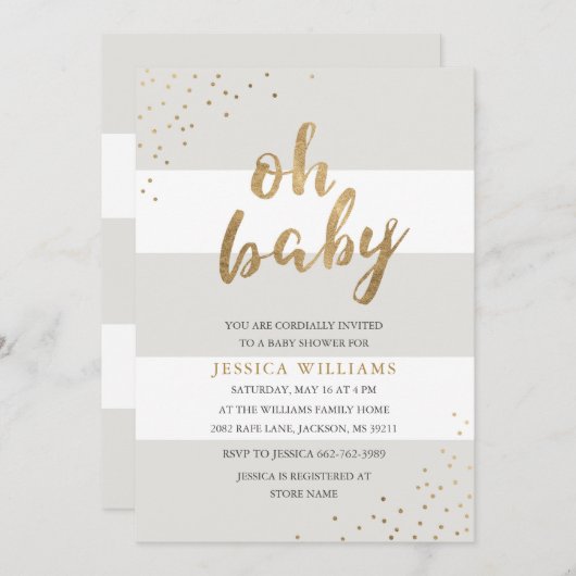 灰色及び金ゴールドのストライプな紙吹雪のOhベビーシャワーの招待 招待状 (正面/裏面)