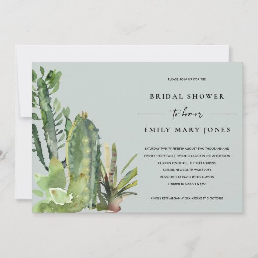 灰色多汁性砂漠サボテン動物群ブライダルシャワー 招待状 (正面)