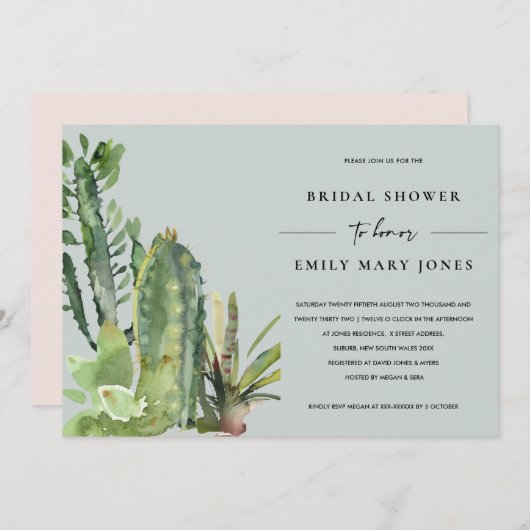 灰色多汁性砂漠サボテン動物群ブライダルシャワー 招待状 (正面/裏面)